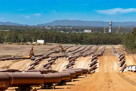 Pipeline stringing yard with pipes laid out through cleared bushland