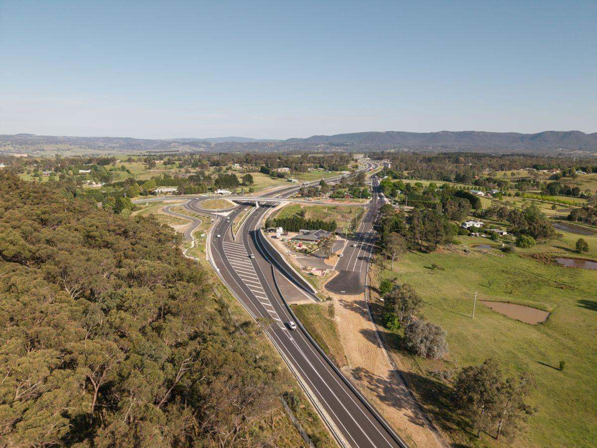 Aerial view of the upgraded Great Western Highway interchange through bushland