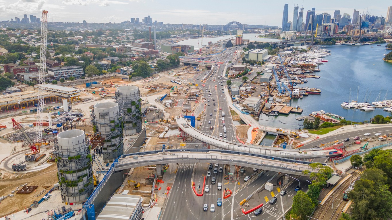 Aerial view of major interchange construction works near the Sydney CBD